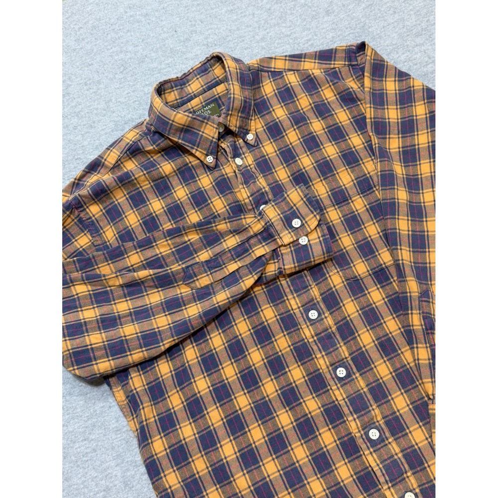 Gitman Bros Mens Large Plaid Button Down Shirt Mustard Navy Blue Made in USA